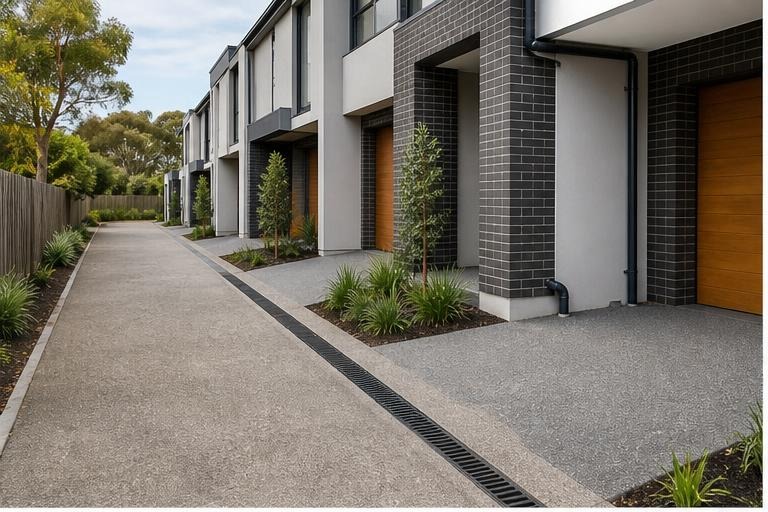 Commercial stormwater trench drain and hardstand drainage context
