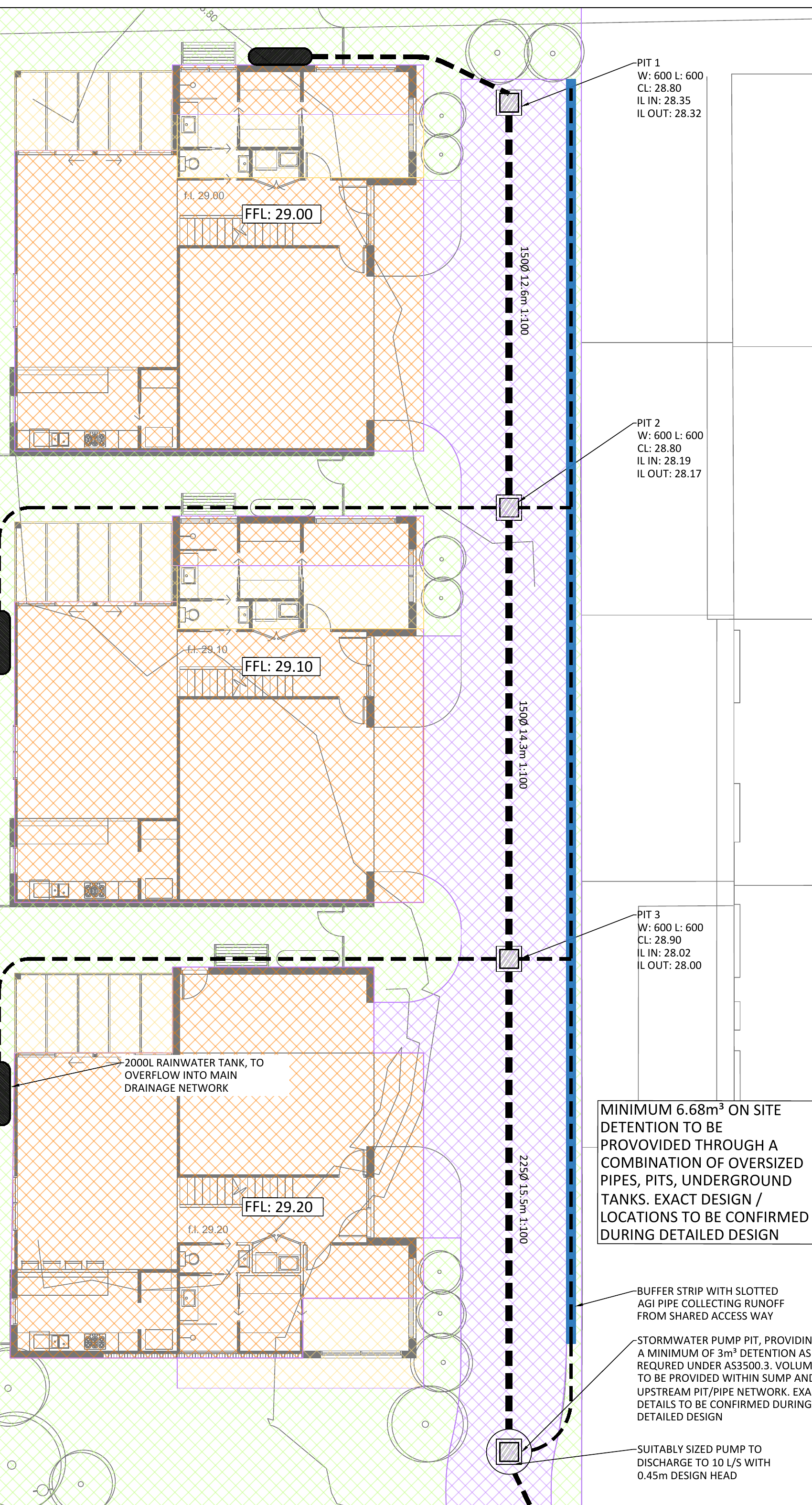 Anonymised concept drainage strategy extract for a Surf Coast Shire three-unit residential stormwater management plan